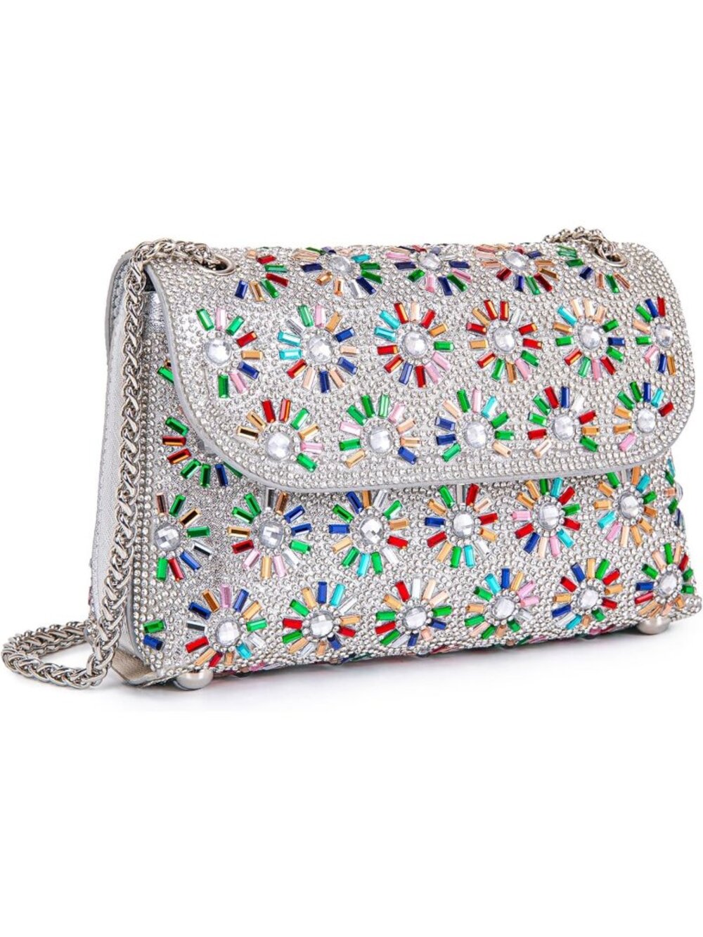 Womens Colorful Rhinestone Evening Clutch Bag with Chain Strap Shoulder Purse